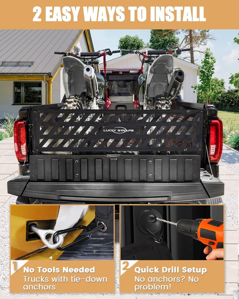 LuckyStraps Lucky Straps Tailgate Net for Pickup Truck Bed, 60'' x 18'' Heavy Duty Cargo Netting for Full Size Truck, Easy-to-use Mesh for Chevrolet, Ford, Toyota, GMC, Jeep (Black) - Image 2